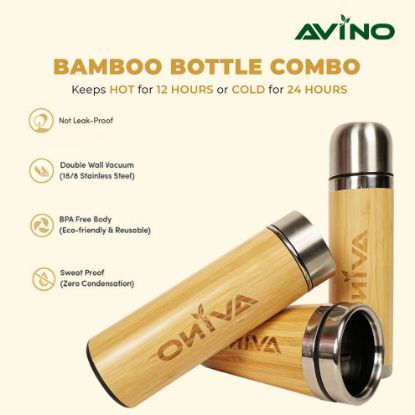 Picture of Avino Eco friendly stainless steel thermos insulated drinking bamboo diffrent bottles.combo (pack of 3)