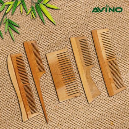 Picture of Avino organic pure neem wood combs pk of 5 different combs promotes hairgrowth, reduces hairfall 